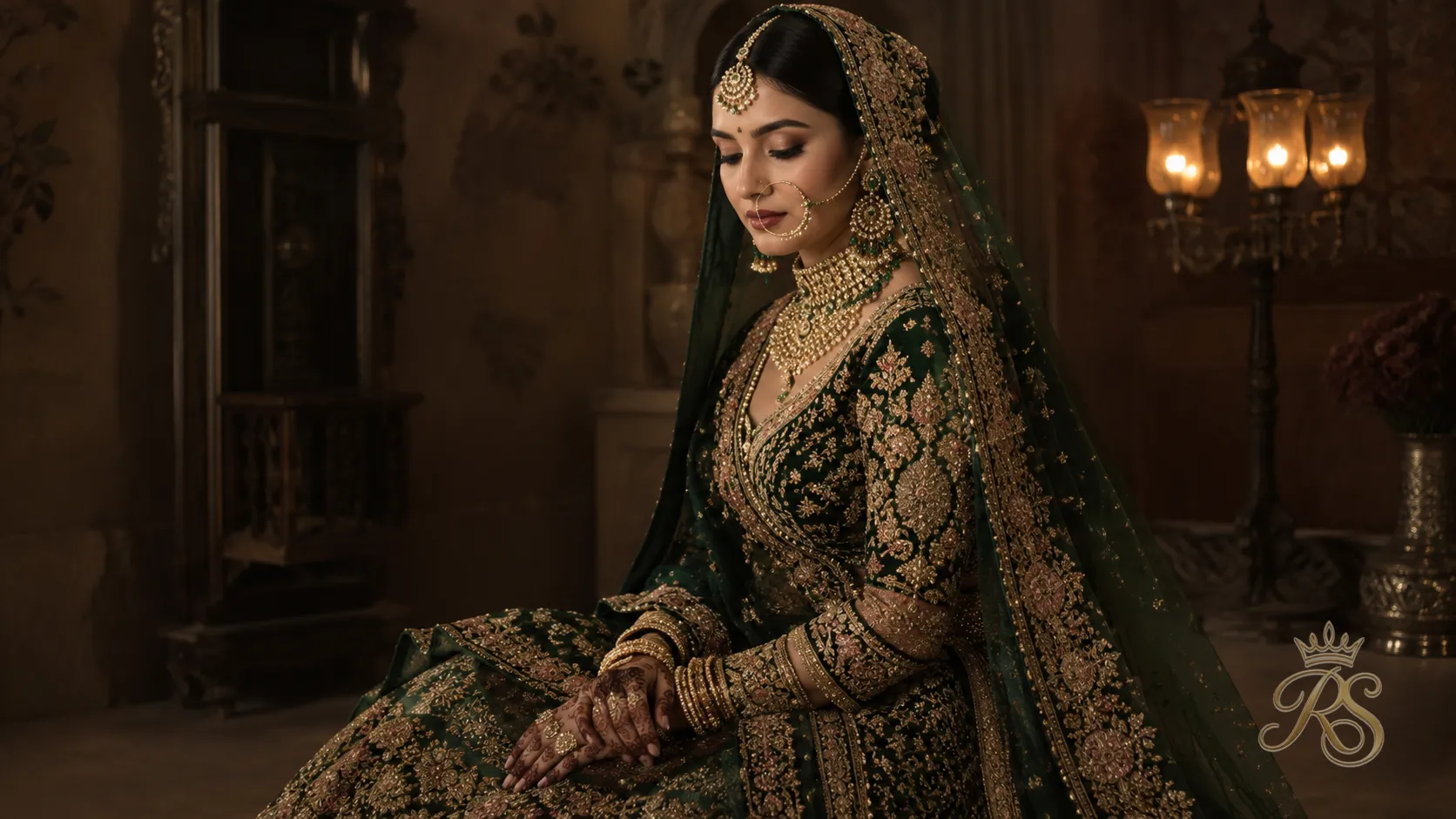 Sabyasachi style bridal lehenga with heirloom floral embroidery in bottle green and gold