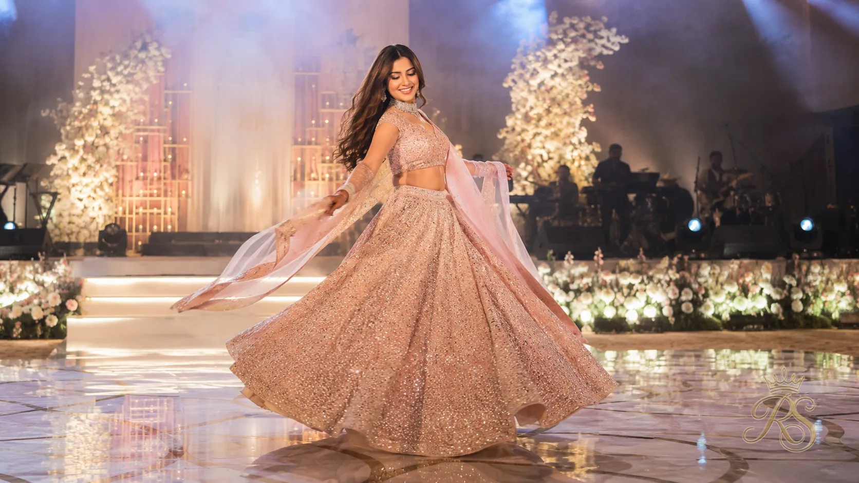 Shimmer sequin sangeet lehenga designed for dancing, lightweight fabric