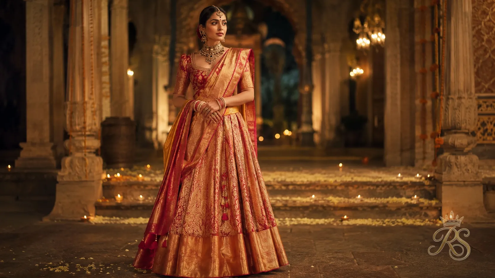 South Indian fusion bridal lehenga blending Kanjeevaram silk with lehenga silhouette