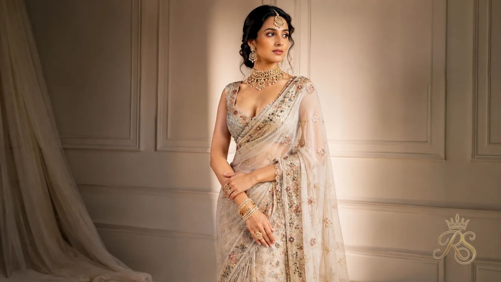 Tarun Tahiliani style lehenga saree drape in ivory and gold tissue fabric