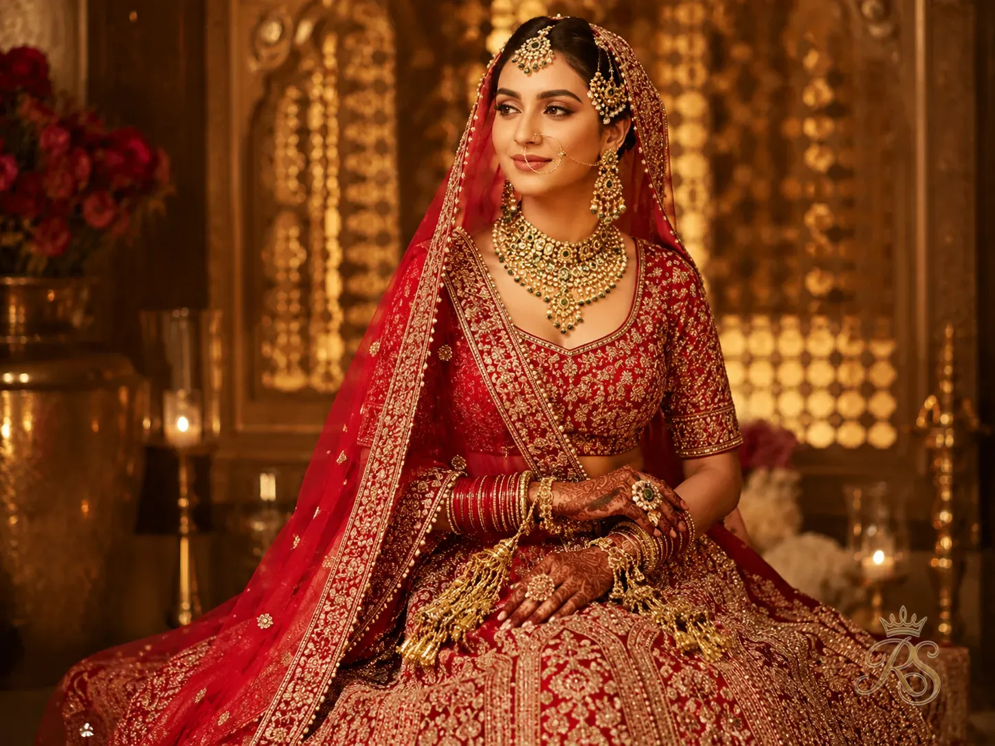 Indian bride in an exquisitely detailed lehenga with kundan jewellery against a warm golden backdrop