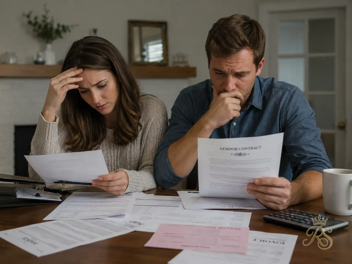 Stressed couple reviewing wedding invoices and vendor contracts at a table