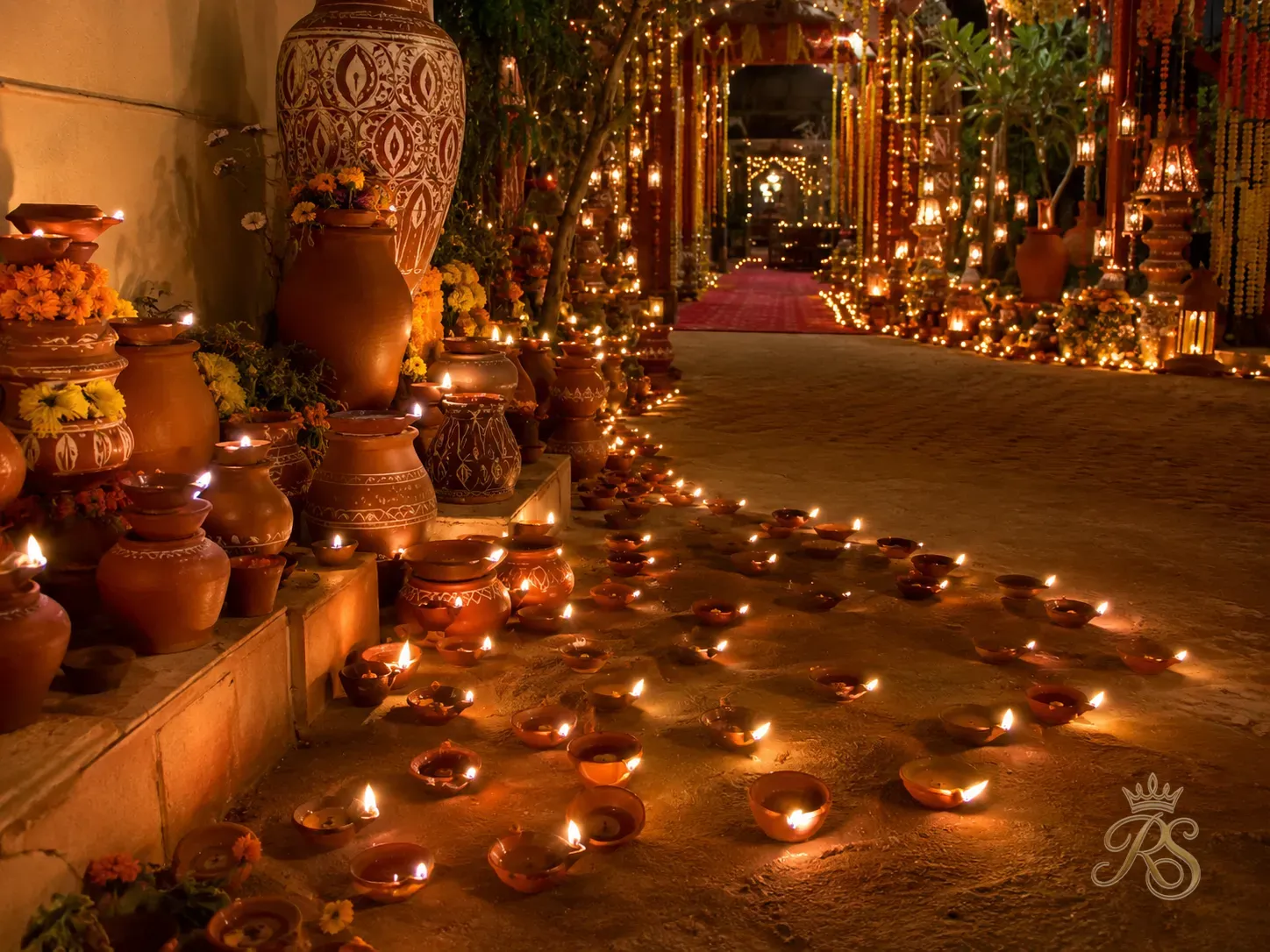 Hundreds of earthen diyas and clay pots creating a warm candlelit wedding ambience