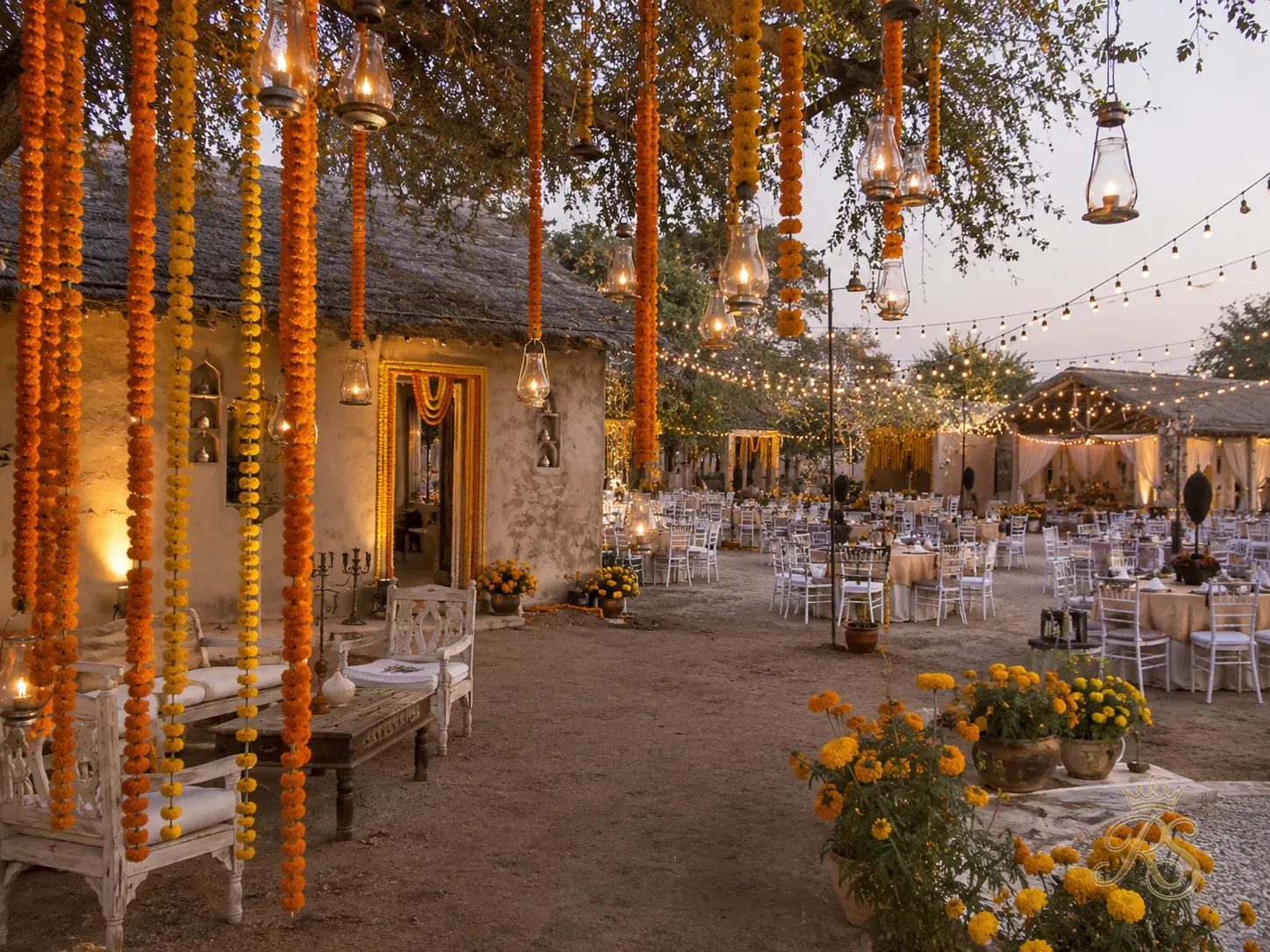 Rustic farmhouse wedding with marigold strings and lanterns in Rajasthan