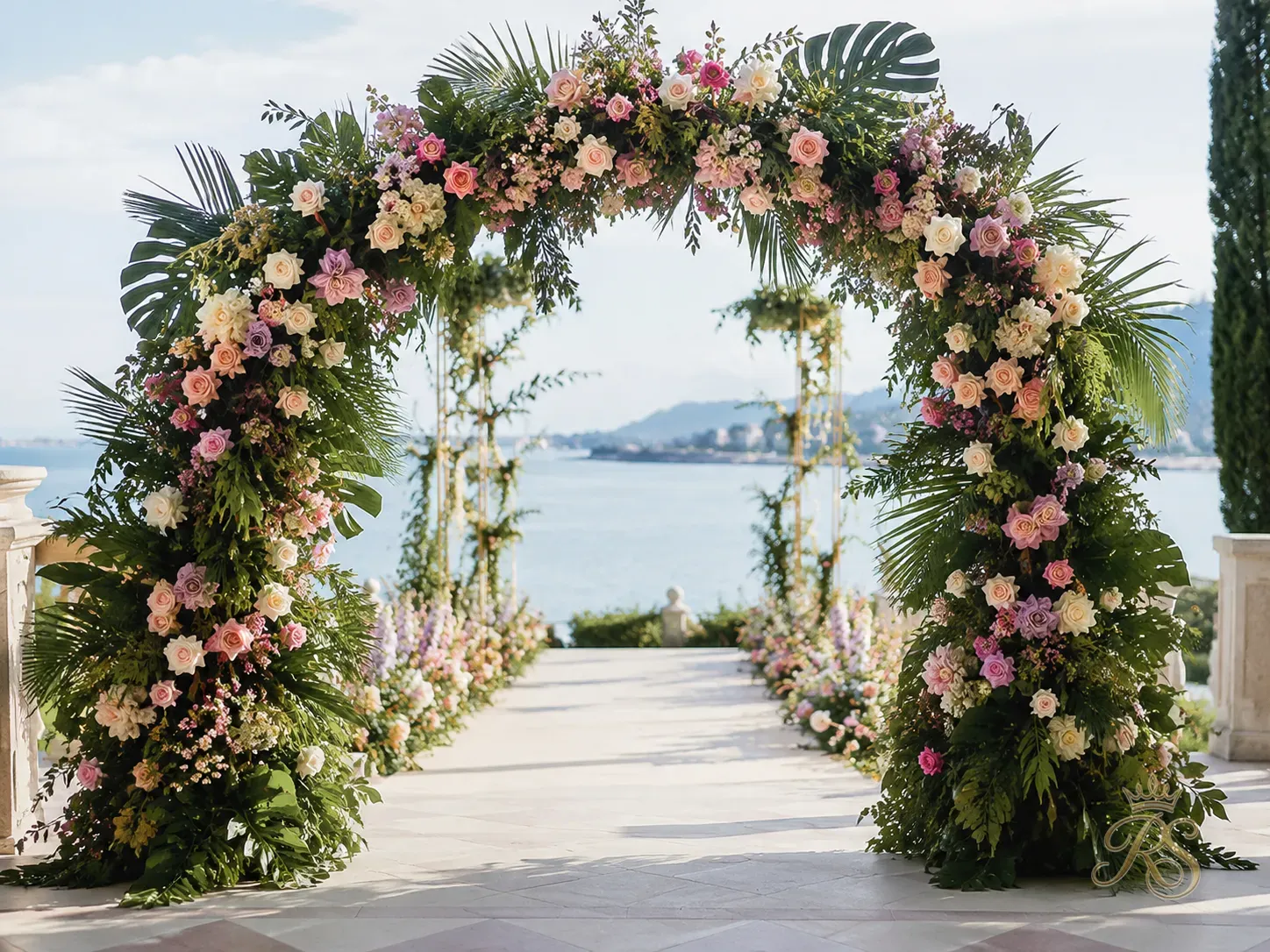Floral entrance arch with mixed roses and tropical leaves for a destination wedding