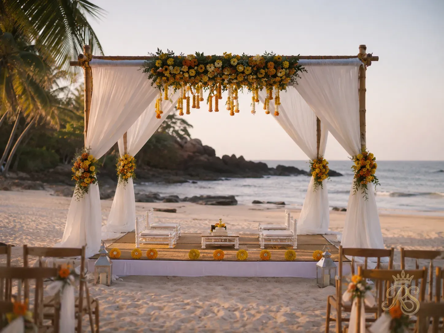 Intimate beach wedding setup in North Goa with white drapes and marigolds