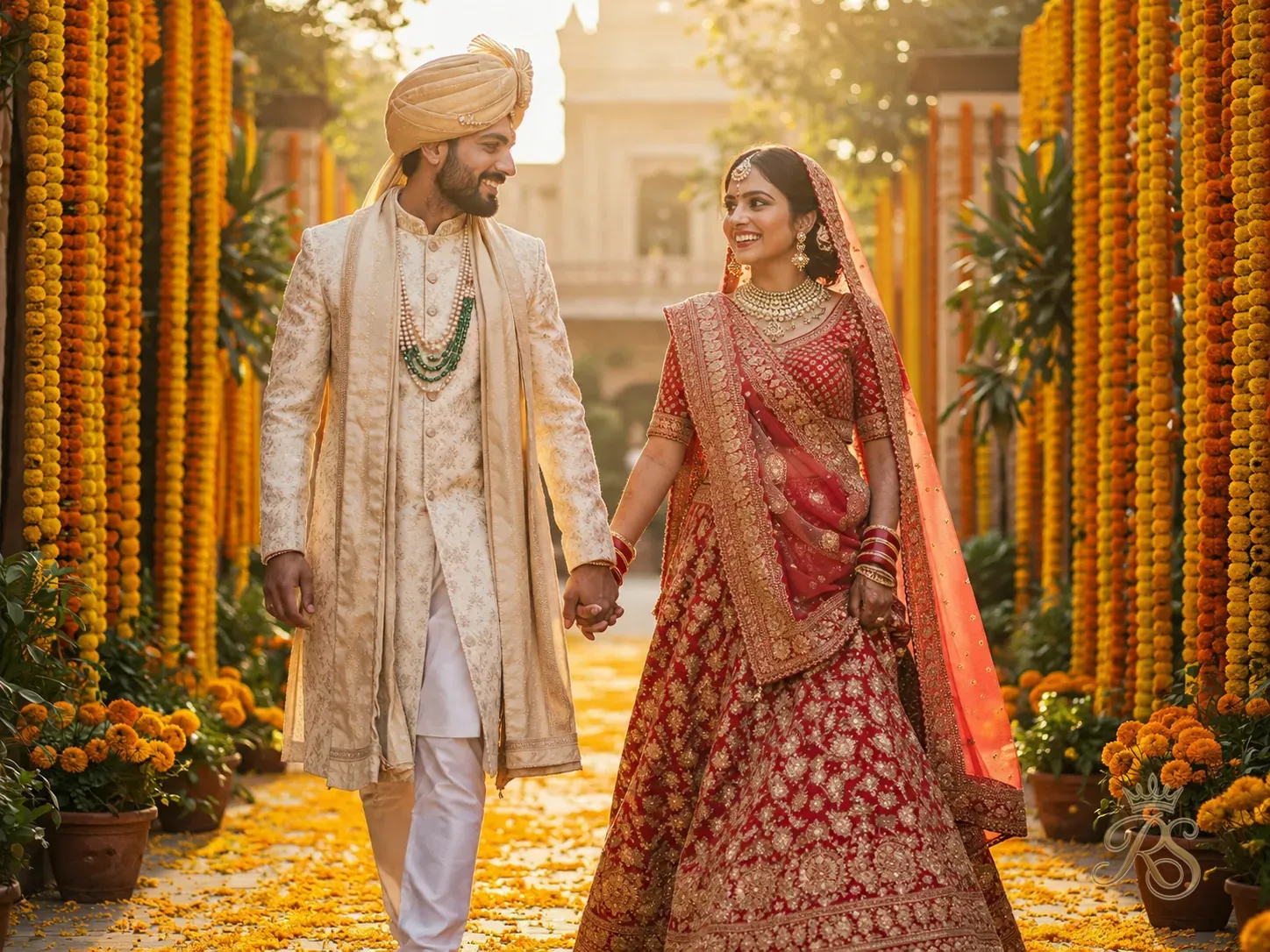 Joyful Indian bride and groom holding hands walking through a marigold-lined pathway at golden hour