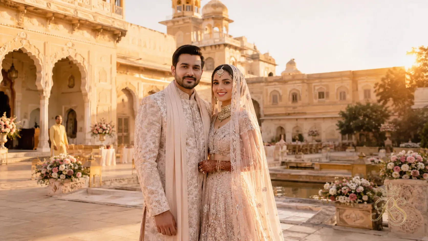 Couple at a stunning destination wedding in Rajasthan palace courtyard at golden hour