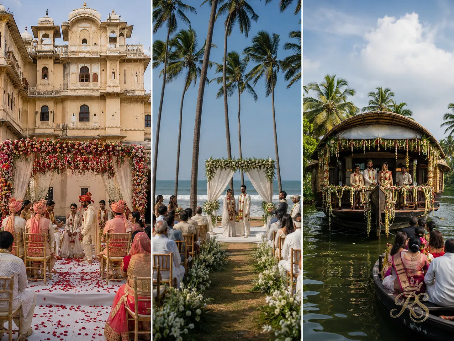 Collage of different Indian wedding settings — Rajasthan palace, Goa beach, Kerala backwater