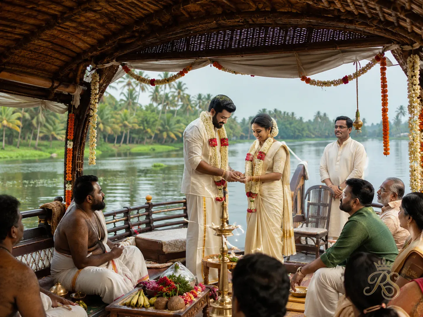 Wedding ceremony on a houseboat with Kerala backwater scenery