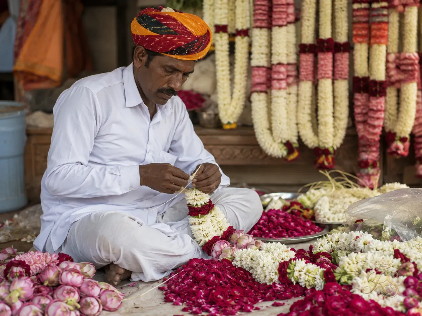 Local Rajasthani floral artist creating intricate garland arrangements for a wedding
