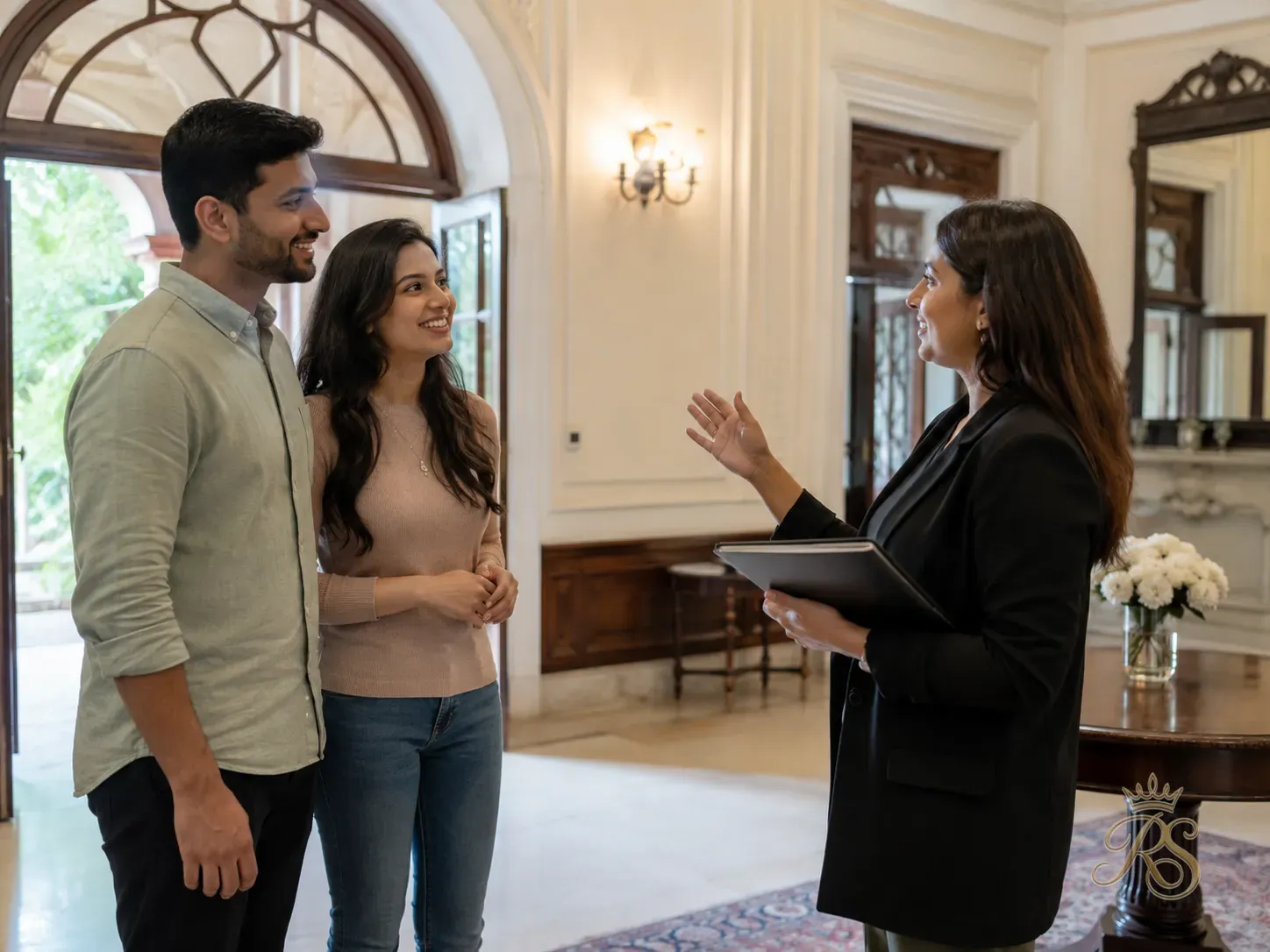 Couple meeting with wedding venue coordinator at a heritage property site visit