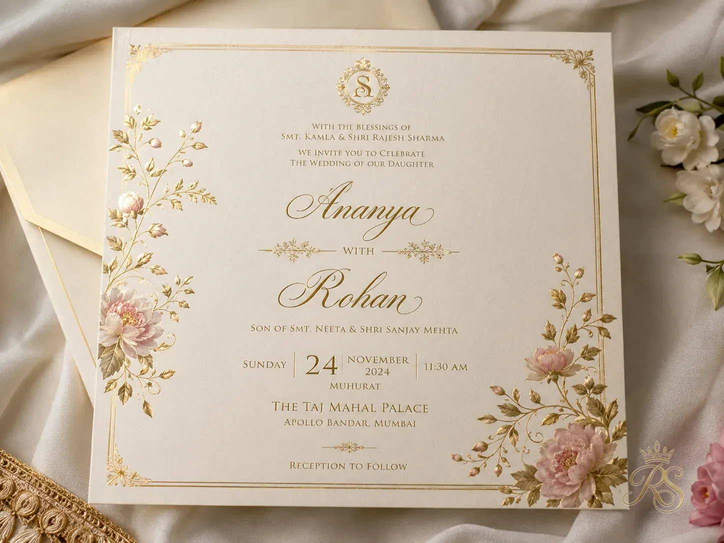 Elegant Indian wedding invitation card with gold foil and floral motifs on cream paper