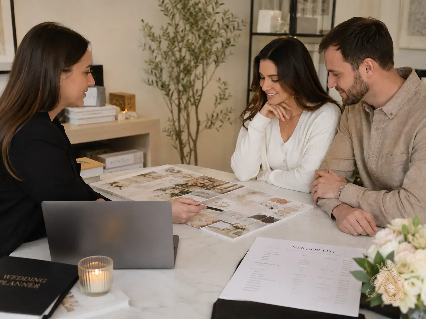 Wedding planner and couple reviewing a moodboard and vendor list at a table meeting