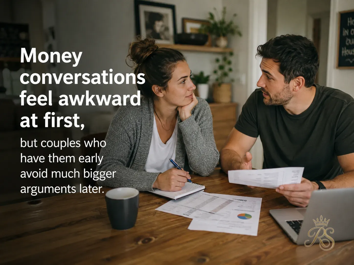 Indian couple sitting at a table with a laptop and notebook, discussing household budget and finances together
