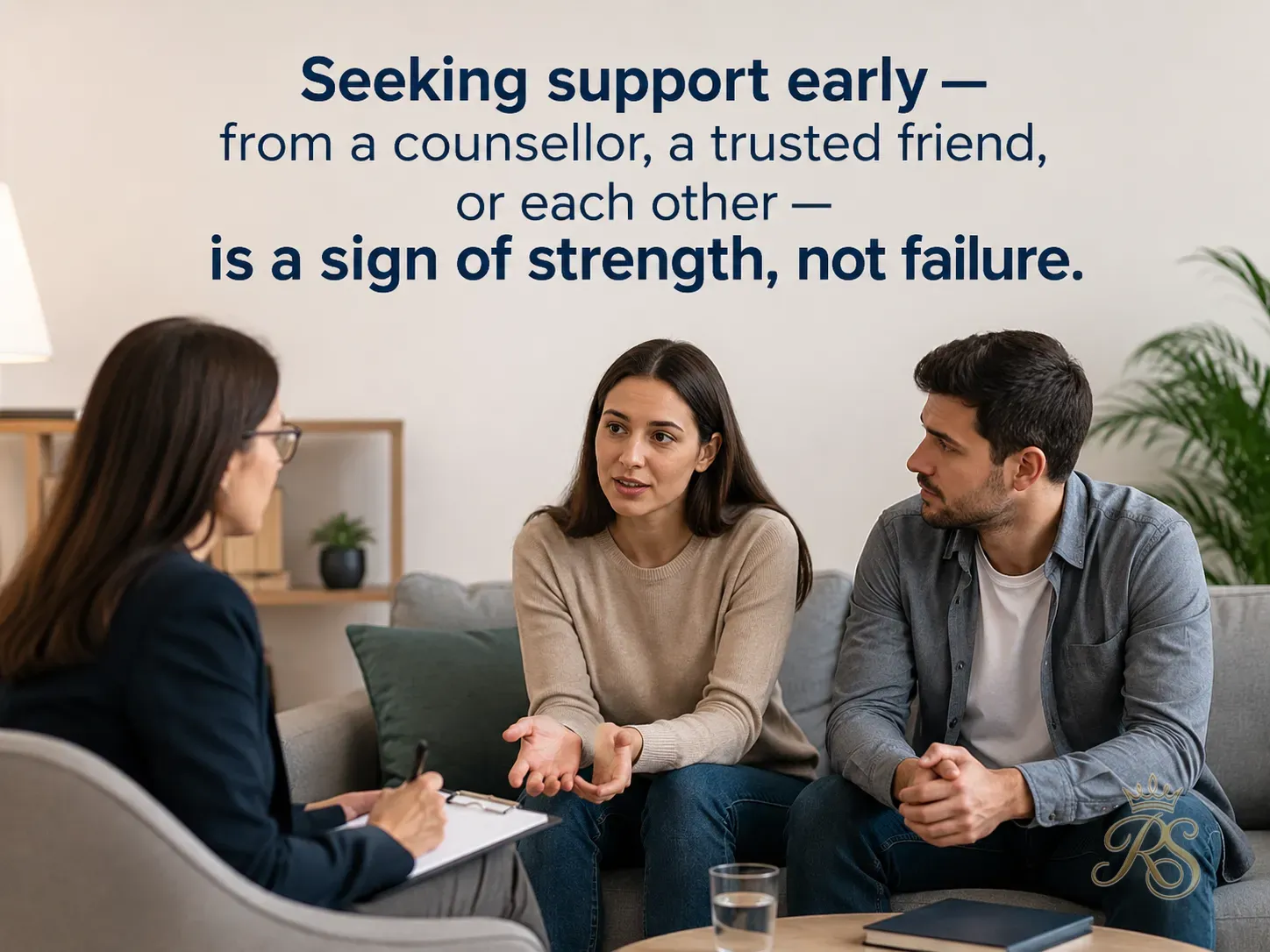 Indian couple attending a calm, supportive counselling session together, sitting on a comfortable sofa talking with a therapist