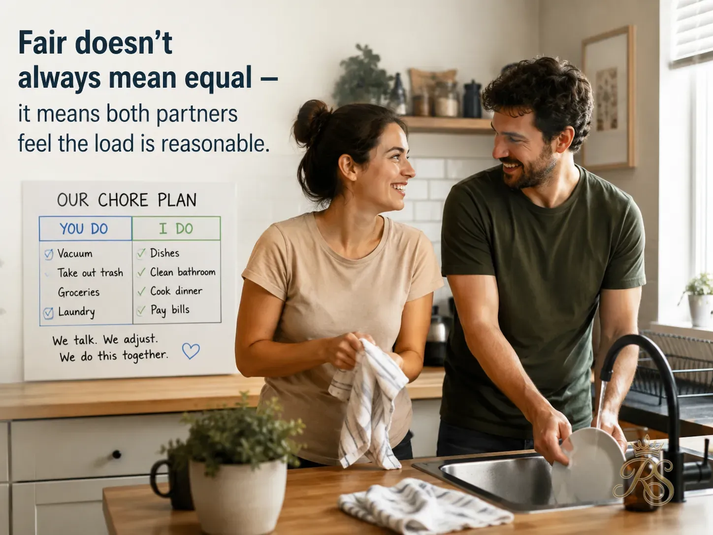 Indian husband and wife sharing household chores together, one folding laundry and one washing dishes, bright home setting