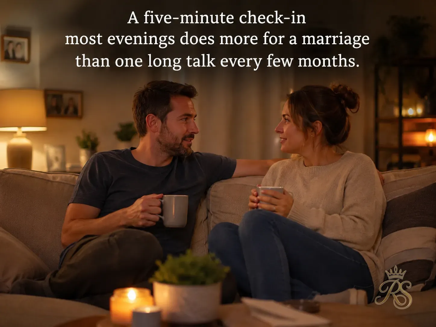Newly married Indian couple sitting on a sofa at home, having a calm and open conversation, warm evening light