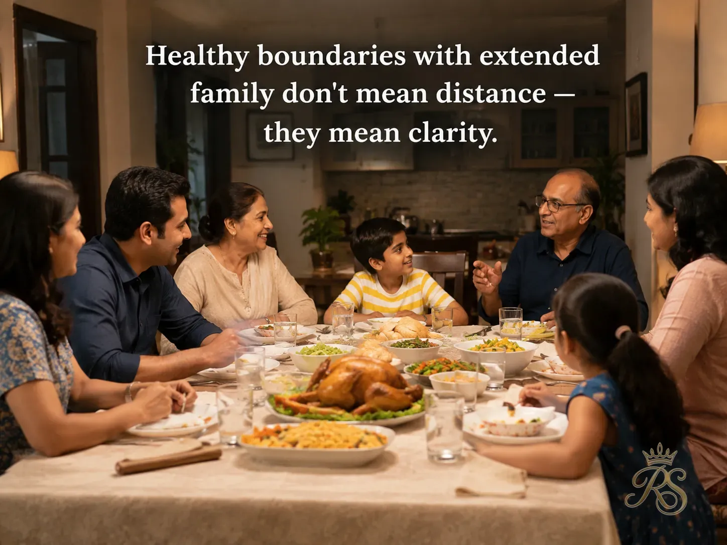 Warm Indian family dinner scene with newly married couple and in-laws sitting together at a dining table, smiling