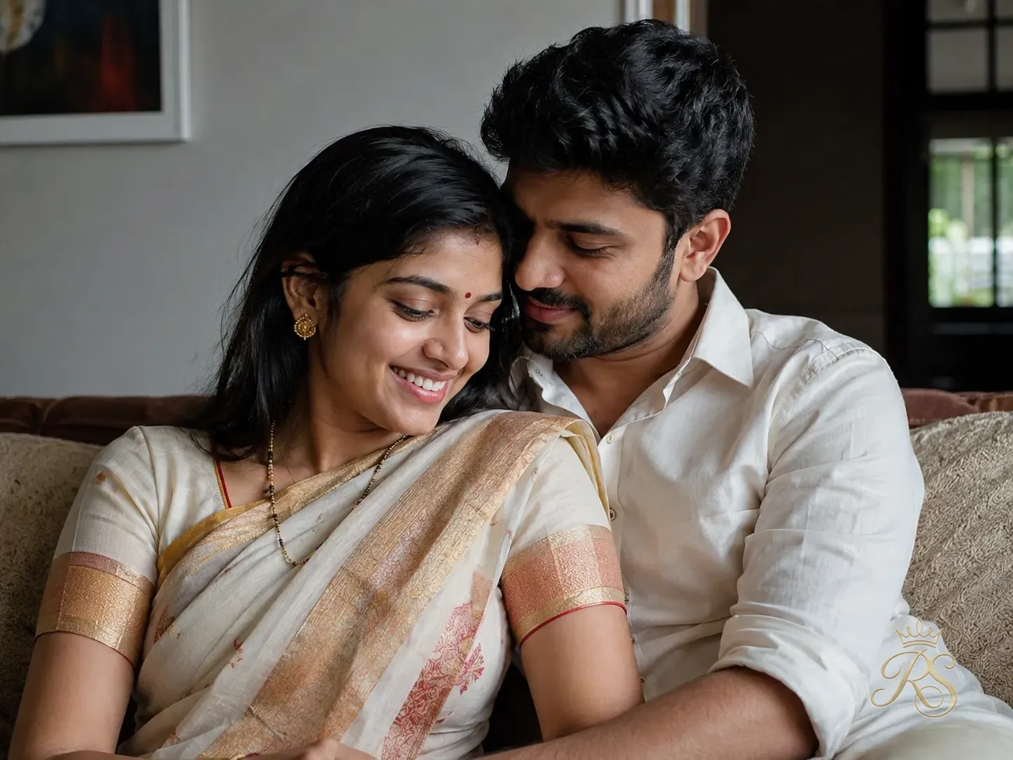 Newly married Indian couple sharing a quiet, happy moment at home