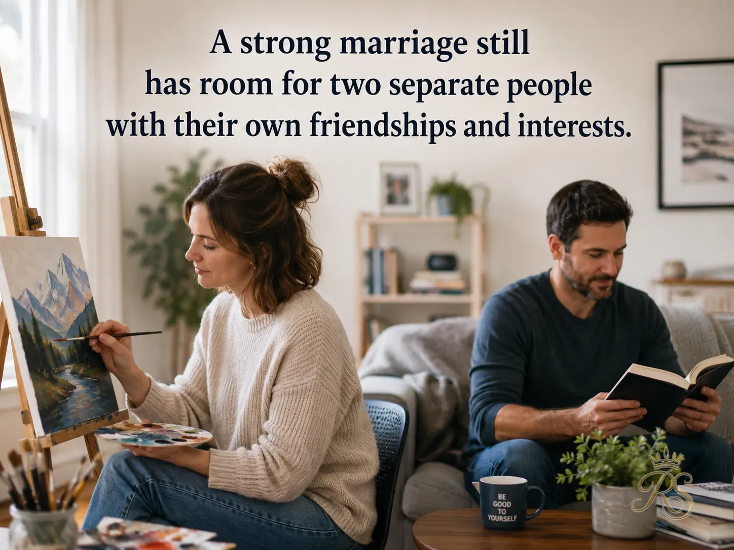 Indian woman happily painting at home while her husband reads nearby, both enjoying their own activities in the same room