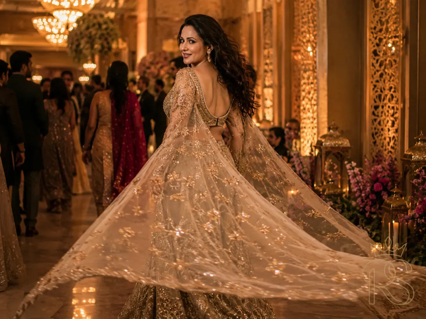 Indian bride walking wearing a bridal cape blouse with long trailing sheer panels embroidered with gold sequins and floral motifs, motion blur on the cape, candid wedding photography style, warm golden indoor lighting