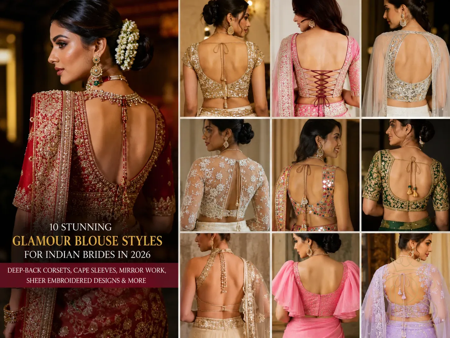 Indian bride in a stunning embroidered corset blouse with a deep back and cape sleeves, photographed at golden hour