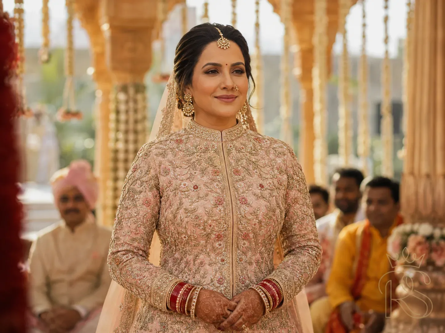 Indian bride standing at the mandap wearing a sheer embroidered jacket fully buttoned over her bridal blouse, traditional wedding ceremony setting, warm golden morning light, candid photography style