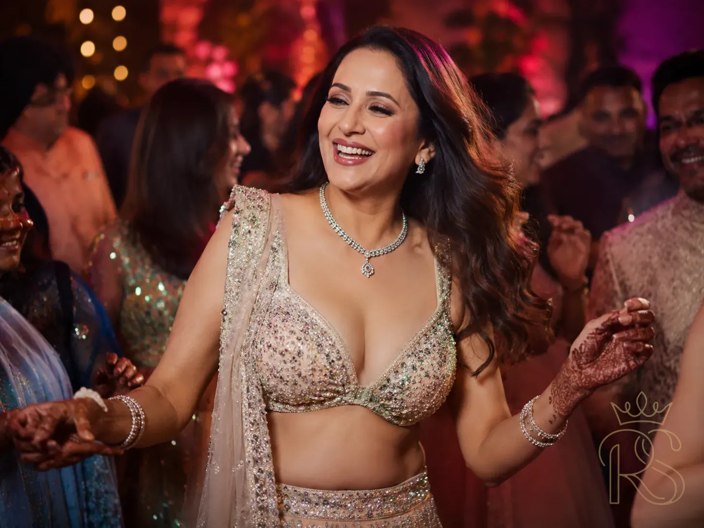 Indian bride dancing at reception with her sheer embroidered jacket removed, revealing a structured embellished blouse underneath, candid photography style, warm colourful lights, reception hall background
