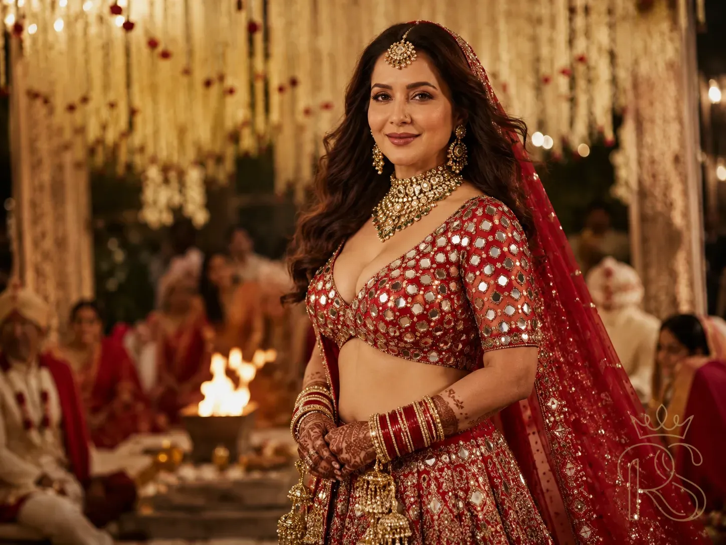 Indian bride wearing a vibrant red lehenga with an elaborate mirror work (shisha embroidery) blouse, tiny mirrors catching the light, candid wedding photography, mandap in background, warm golden light