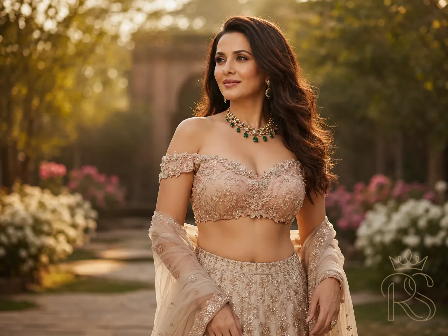 Indian bride wearing a blush off-shoulder bridal blouse with delicate floral embroidery along the neckline, paired with a champagne lehenga, editorial fashion photography, outdoor garden setting, golden hour light