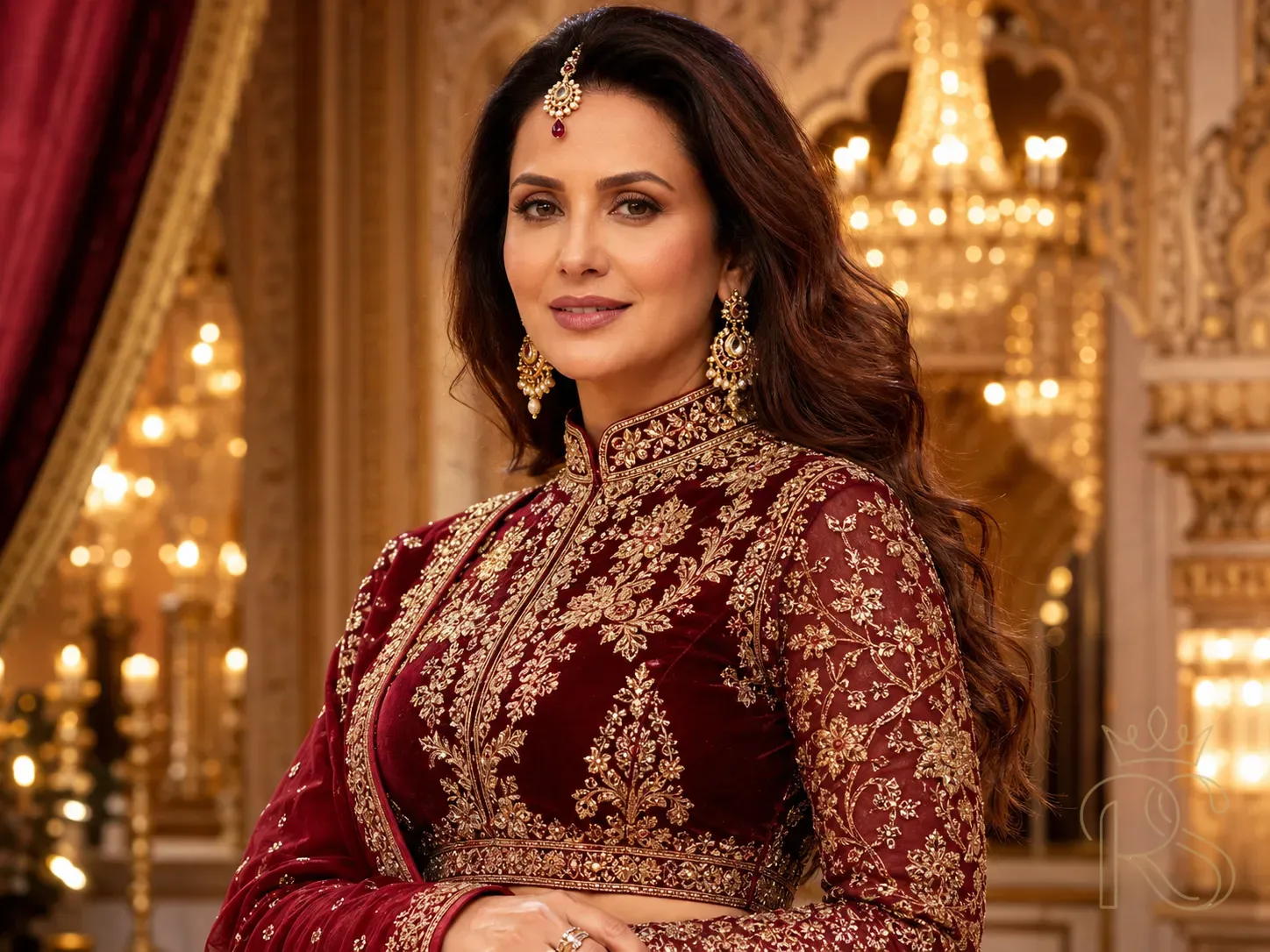 Indian bride wearing a high-neck Victorian-style bridal blouse in deep maroon with intricate gold thread embroidery and full embroidered sleeves, close-up portrait photography, palace interior background, dramatic lighting