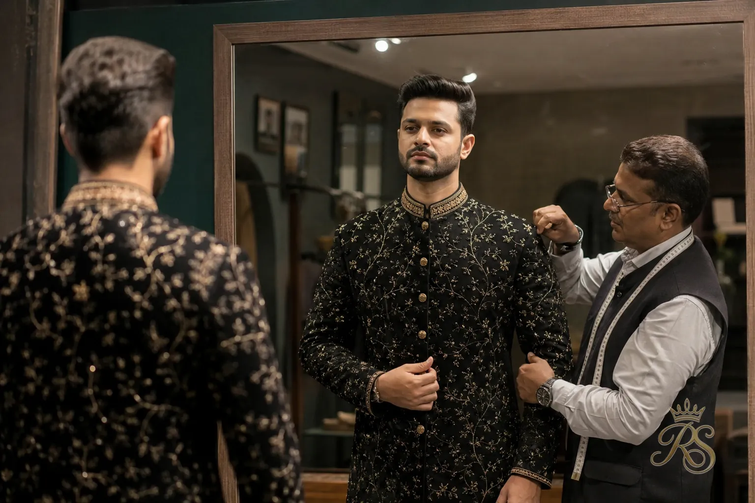 Broad-shouldered groom being fitted for a tailored sangeet outfit in front of a mirror