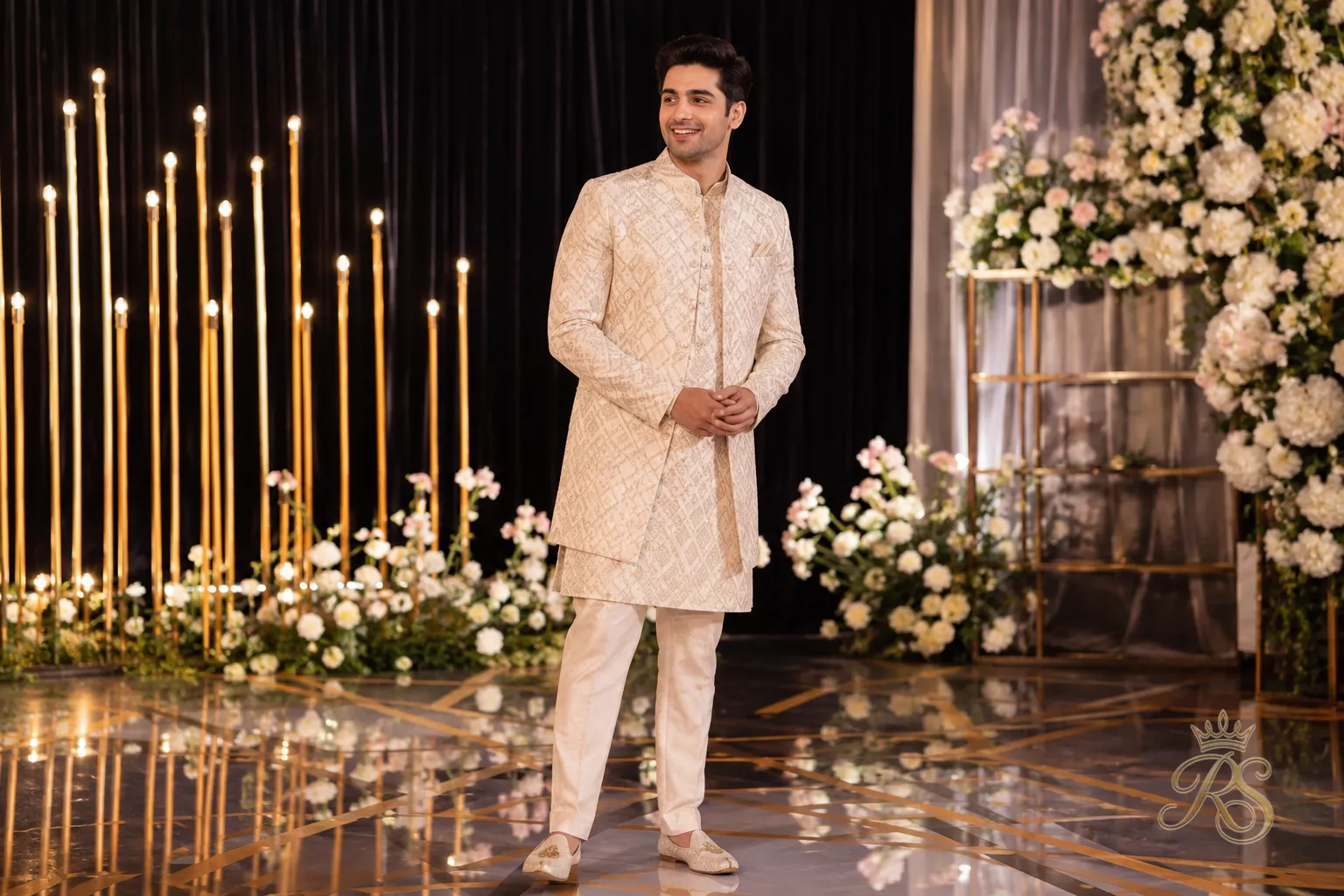 Groom wearing a matching co-ord kurta and jacket set in a single coordinated fabric for sangeet