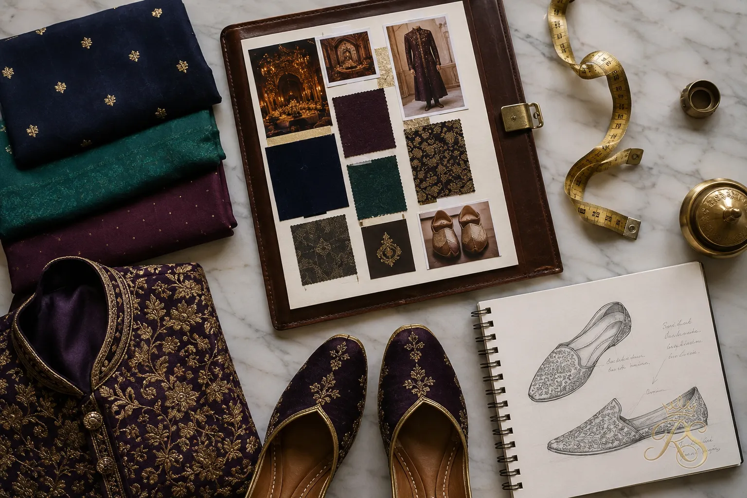 Flatlay of groom sangeet outfit planning with fabric swatches, a mood board, and styling notes