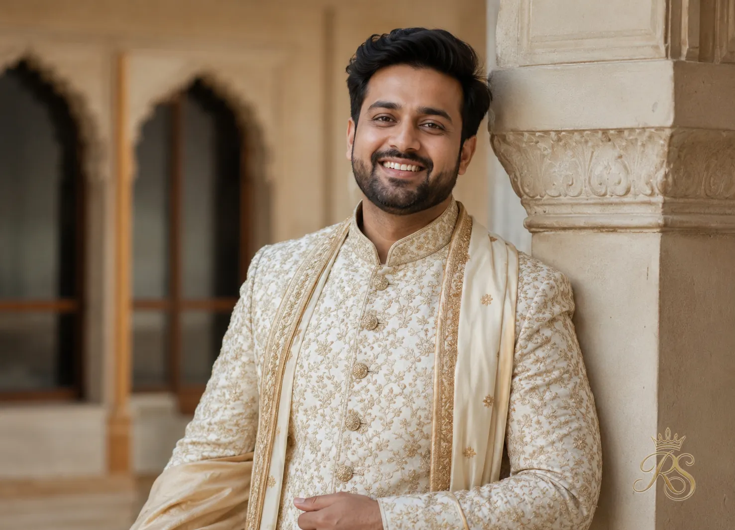 Final portrait of a groom in his wedding day sherwani smiling in soft natural light