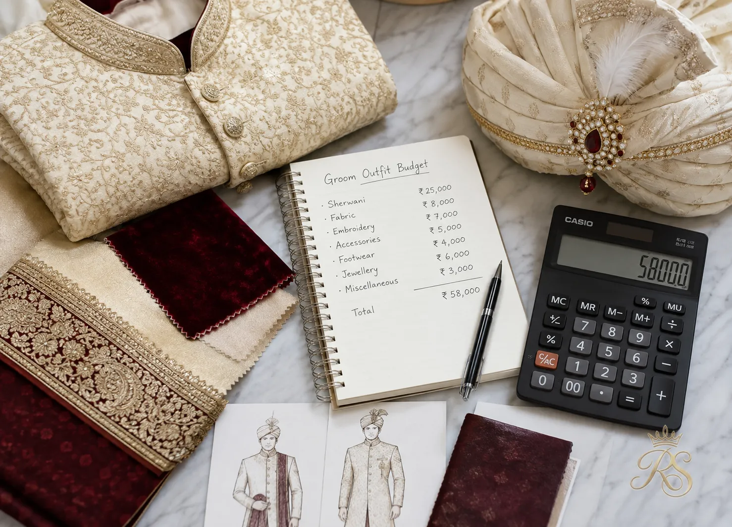 Flatlay of groom wedding outfits, a notebook, and a calculator for budgeting