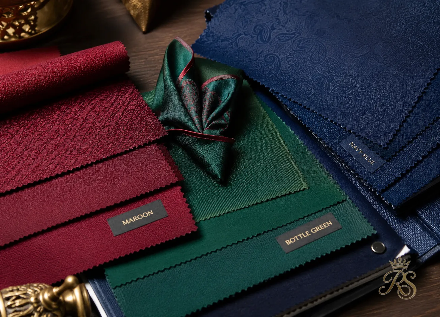 Fabric swatches and color palette samples for groom wedding outfits