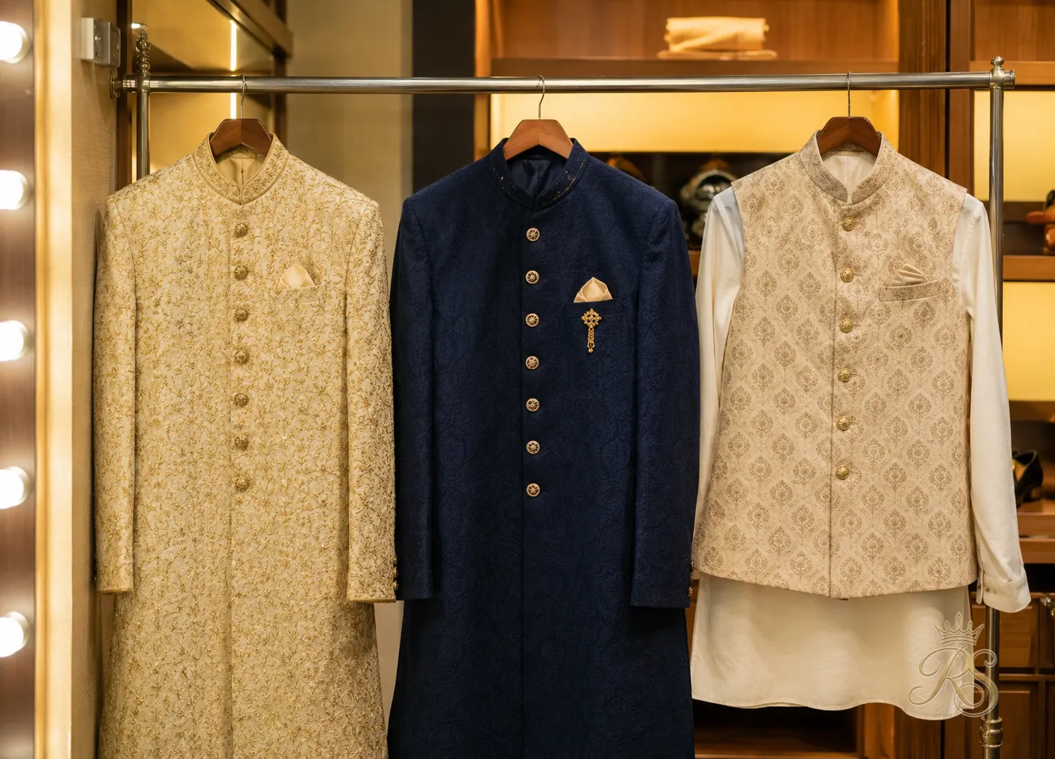 Groom's wedding wardrobe laid out with a sherwani, bandhgala, and indo-western outfit on a rack