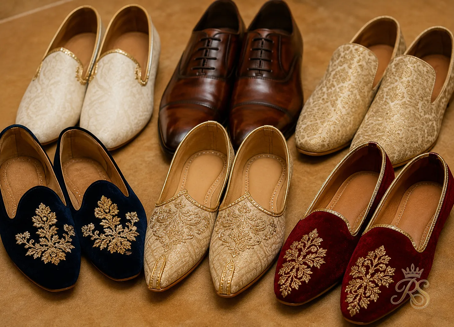 Collection of groom wedding footwear including mojaris, formal oxfords, and juttis