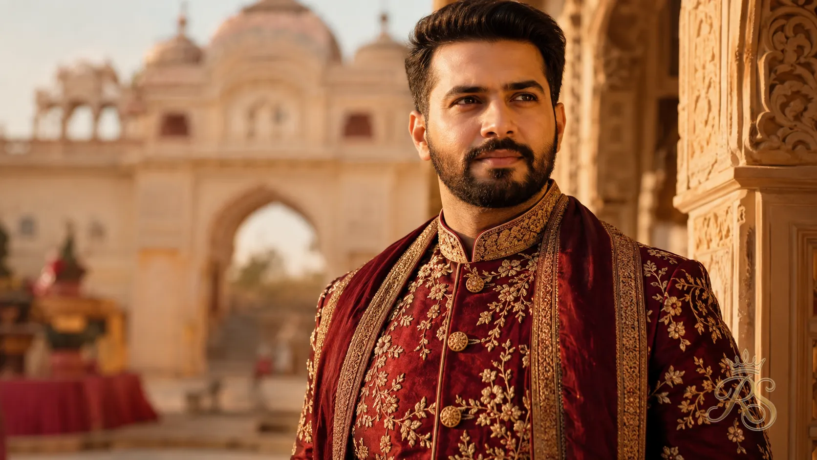 Indian groom in a maroon embroidered sherwani standing in a palace courtyard