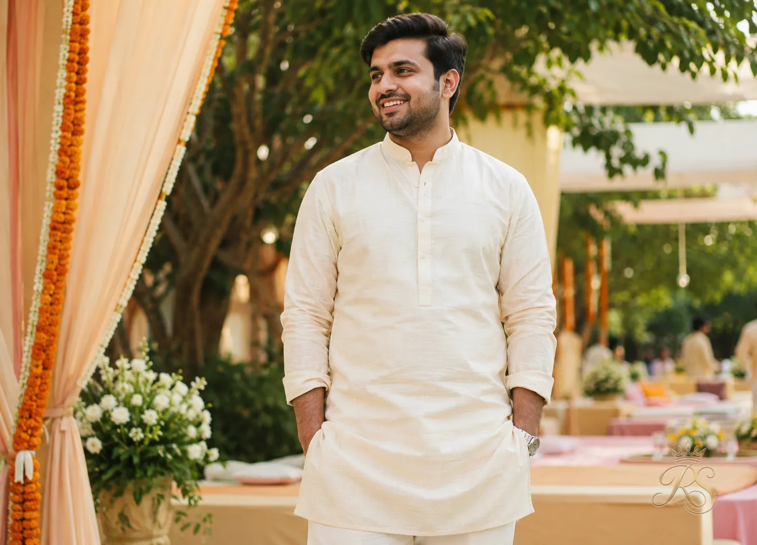 Groom in a simple cream kurta pajama for a relaxed daytime function