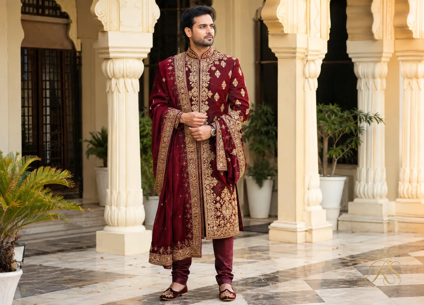 Groom wearing a maroon silk sherwani with gold embroidery standing in a palace courtyard