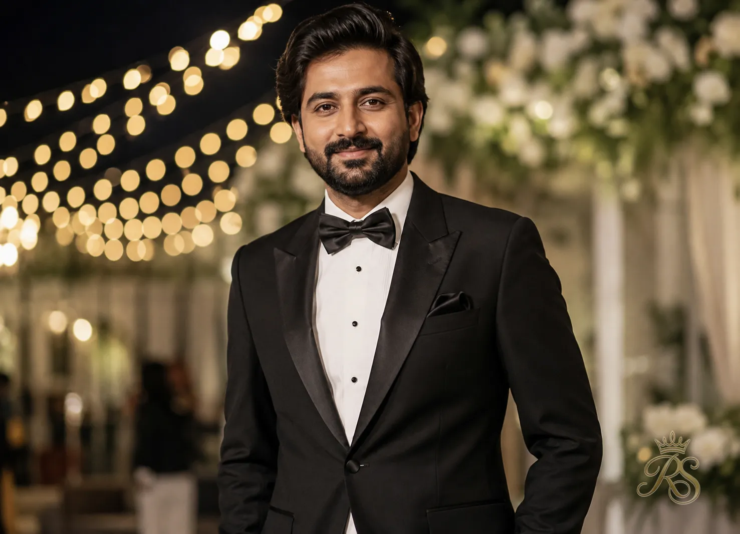 Groom in a black tuxedo with a bow tie at his wedding reception
