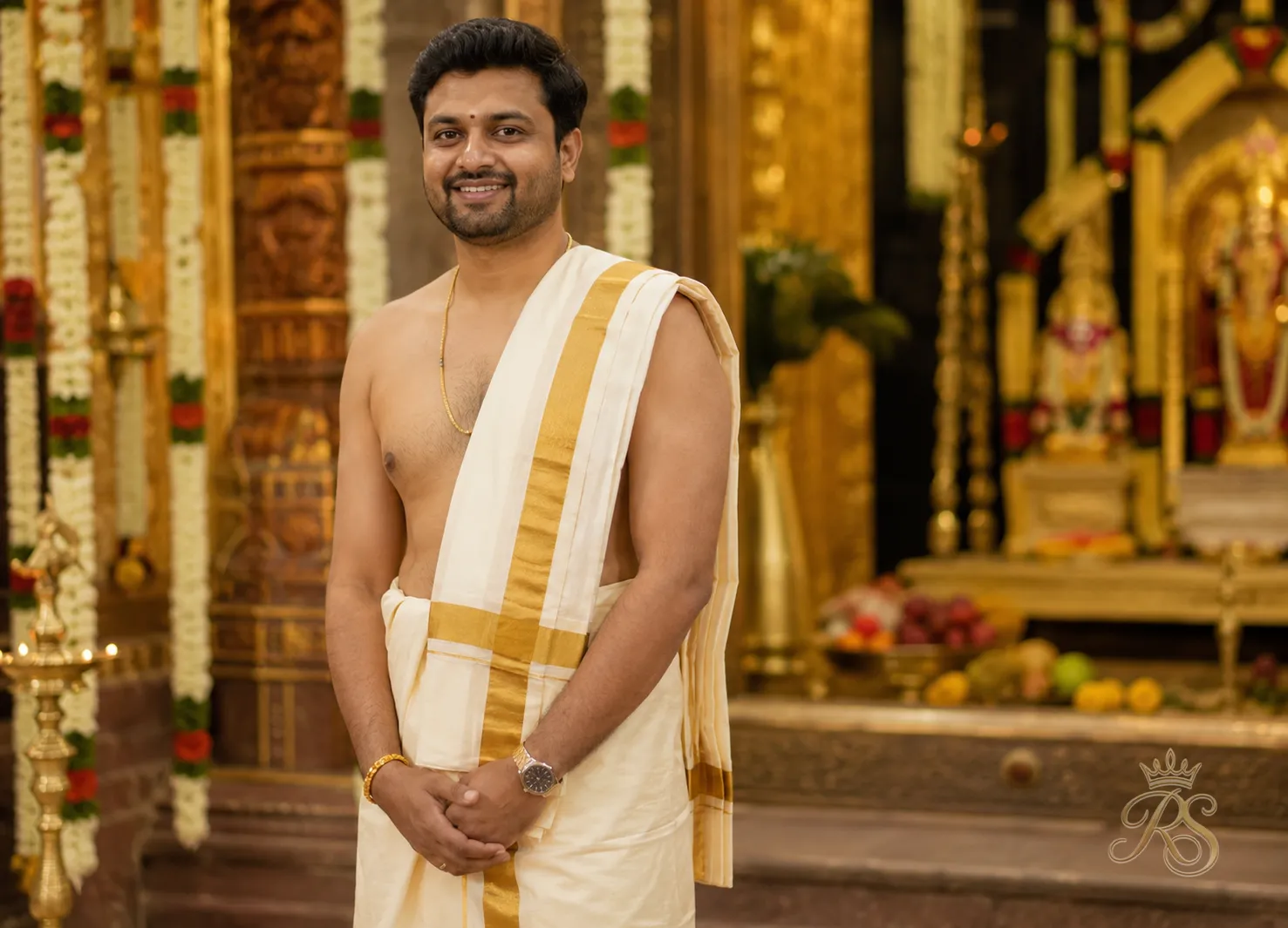 South Indian groom in a silk veshti draped with an angavastram