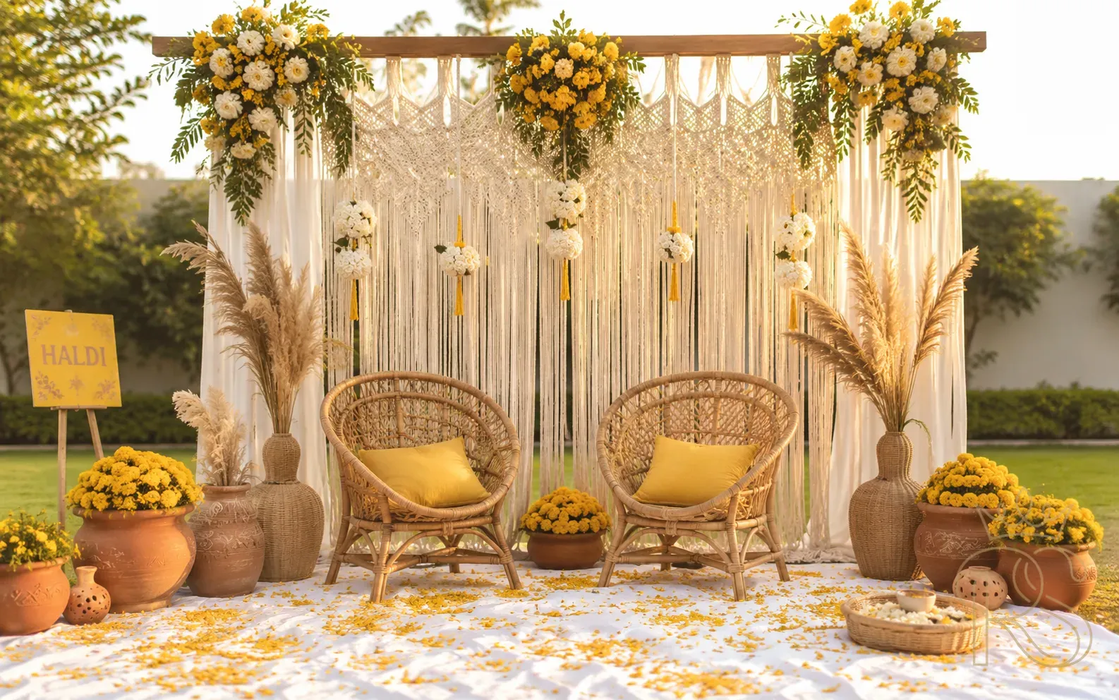 Boho Haldi ceremony setup with macramé backdrop, rattan chairs, marigold pots and pampas grass in outdoor garden setting