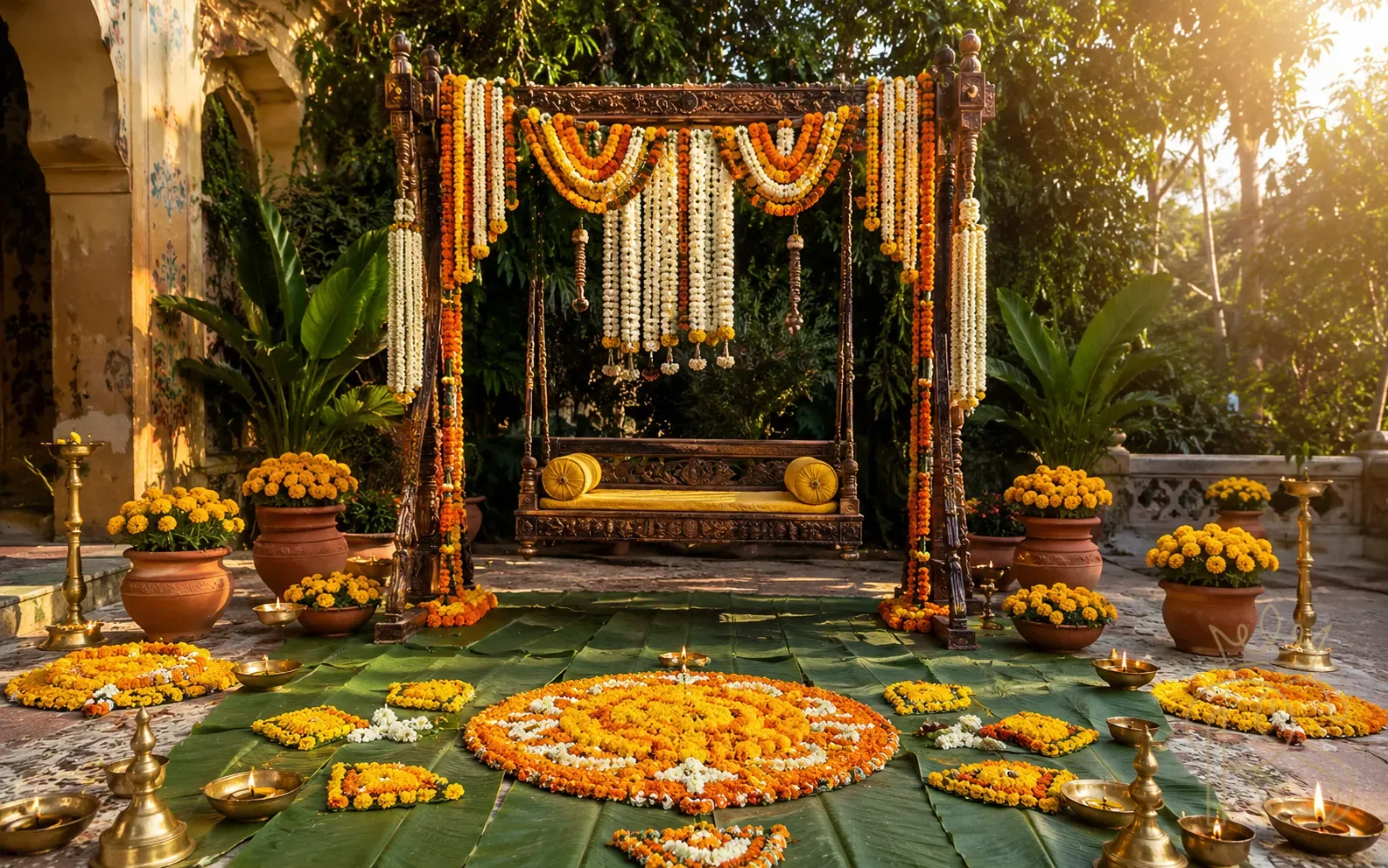 Haldi ceremony outdoor setup with flower-draped wooden swing, marigold garlands, terracotta pots and brass diyas in morning light