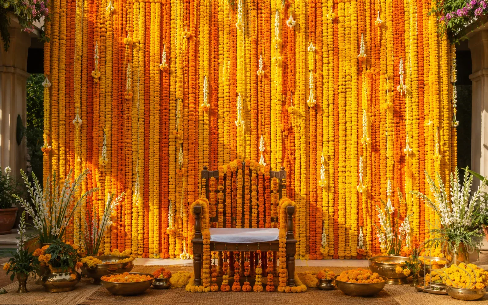 Floor-to-ceiling marigold flower wall Haldi ceremony backdrop with orange and yellow blooms and a draped wooden chair