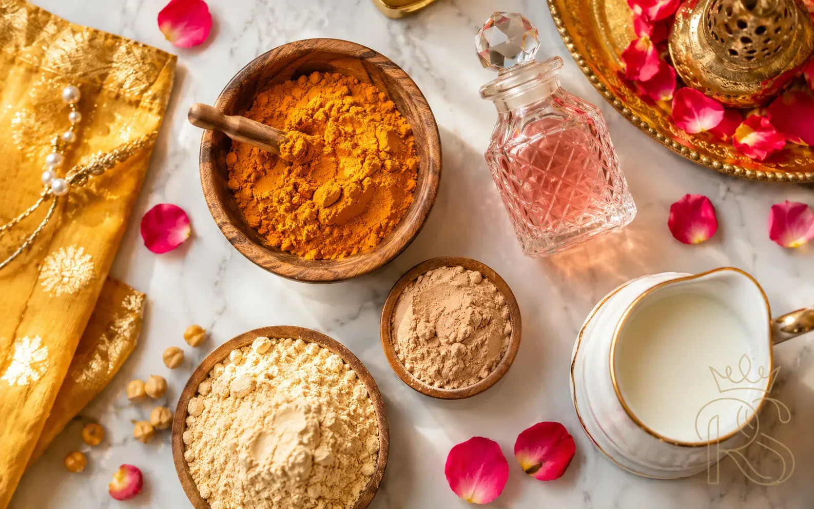 Flat lay of Haldi paste ingredients including turmeric powder, besan, sandalwood, rose water and milk on white marble