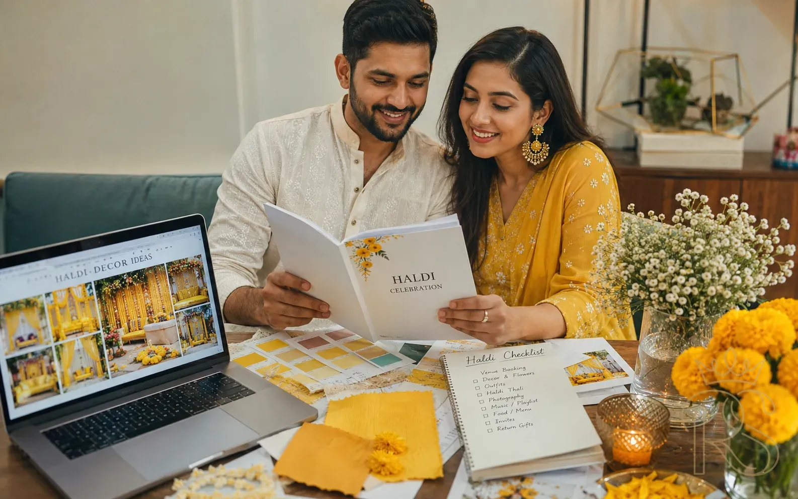 Indian couple planning Haldi ceremony with mood board, yellow swatches and checklist on table with flowers
